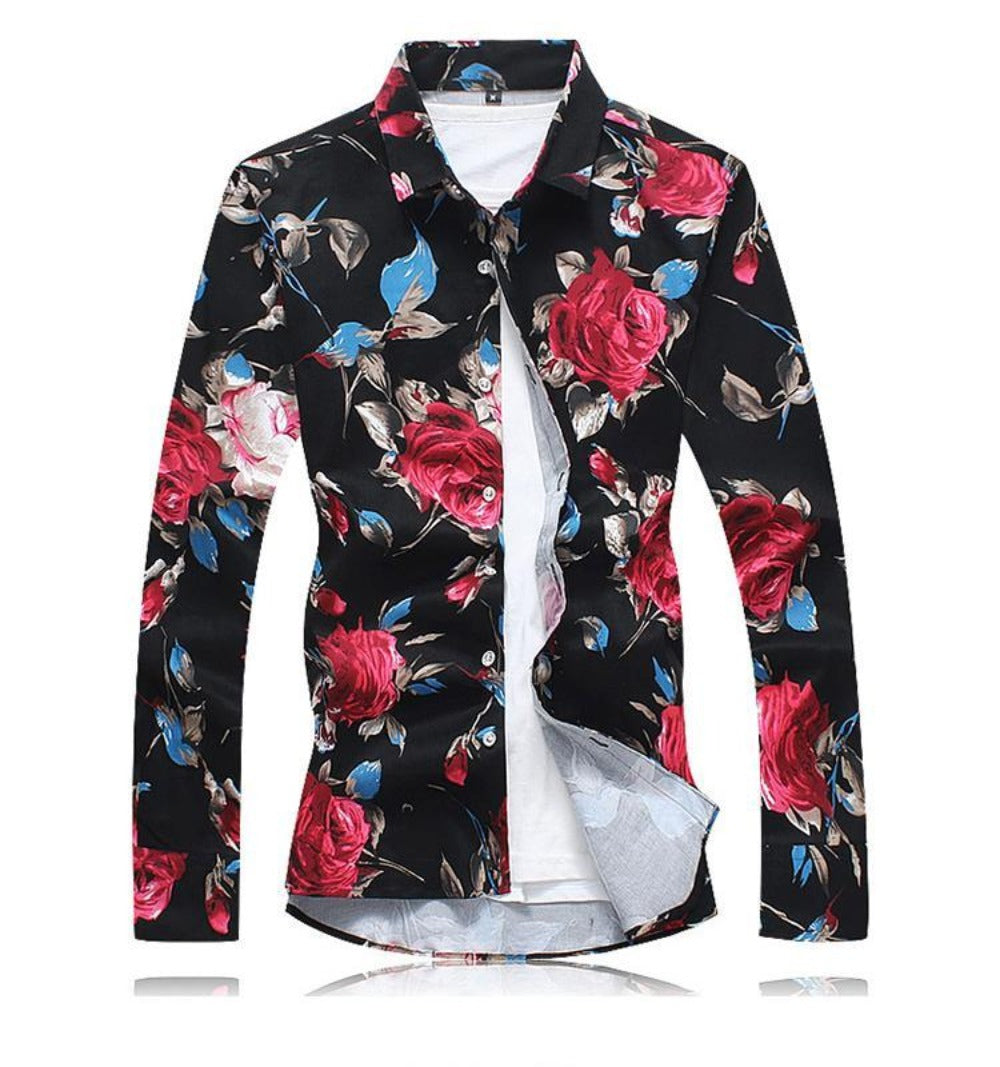 Long Sleeve Red Floral Men's Shirt
