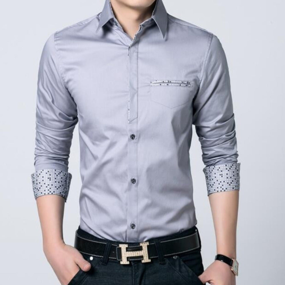 Men's Button-Up Shirt with Unique Pocket and Sleeve Accents