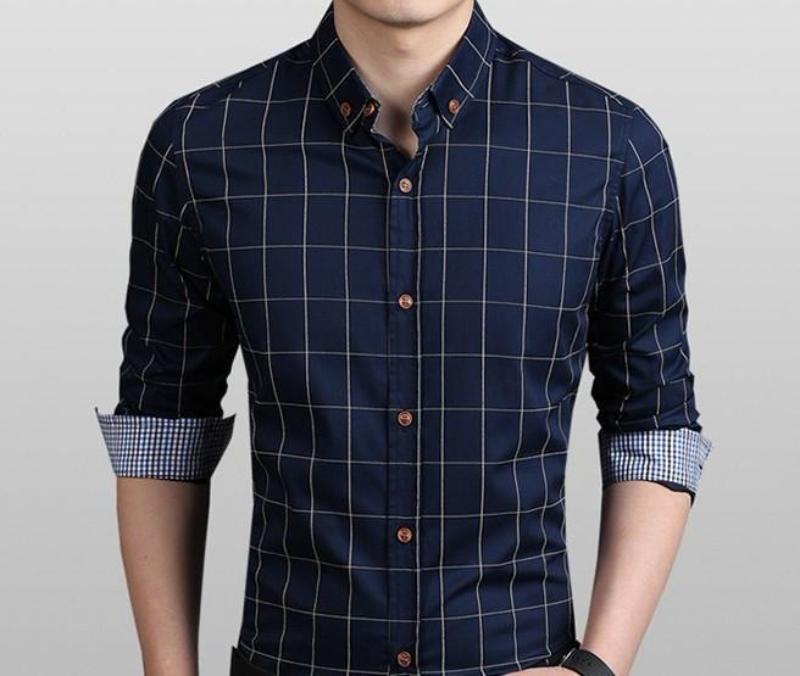 Navy Blue Checkered Button-Up Men's Shirt