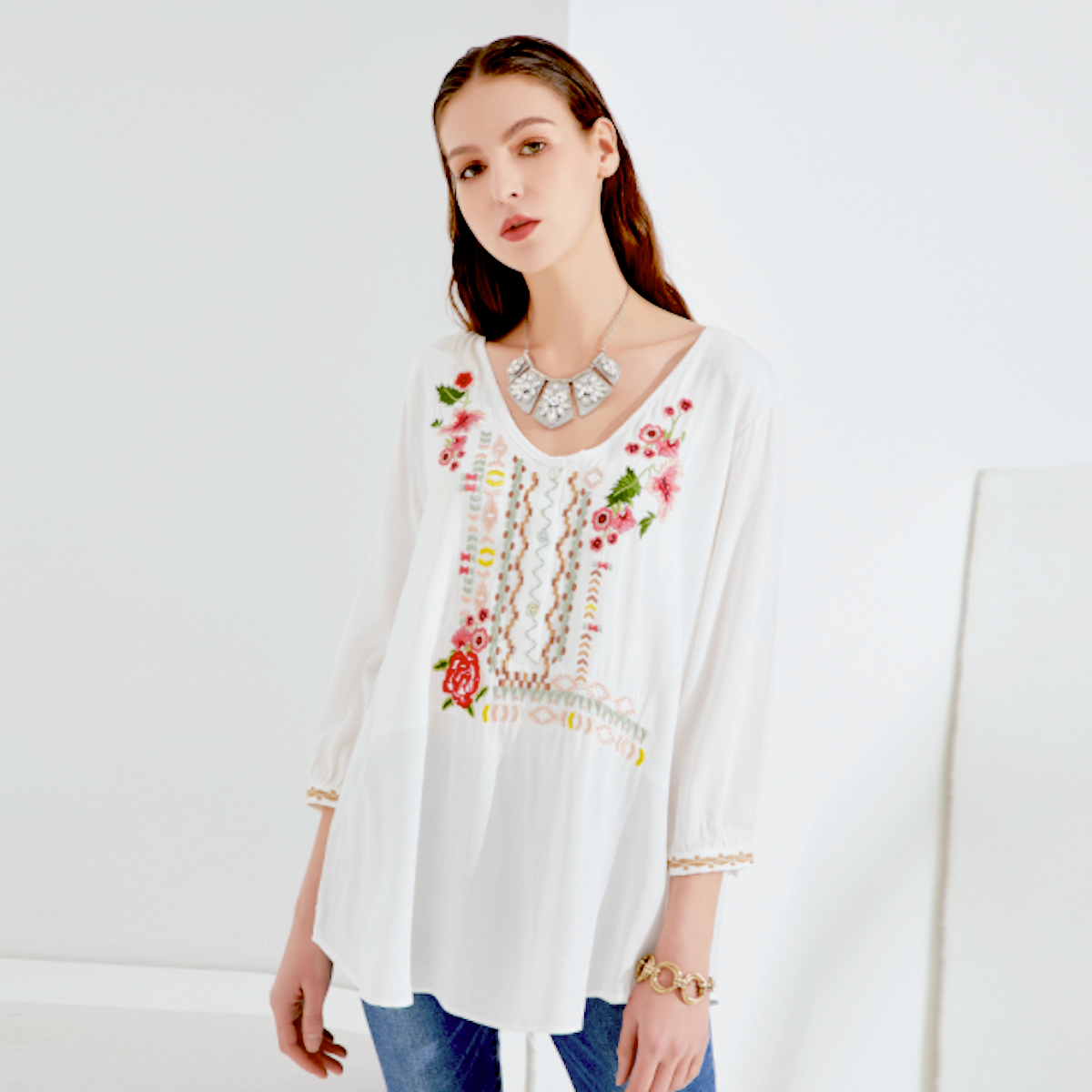 Embroidered Top with Three-Quarter Sleeves for Women