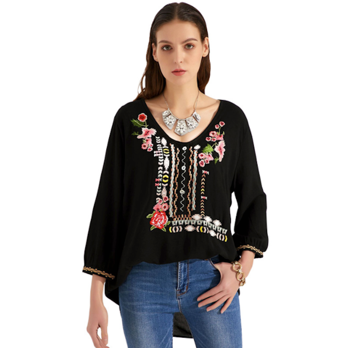 Embroidered Top with Three-Quarter Sleeves for Women