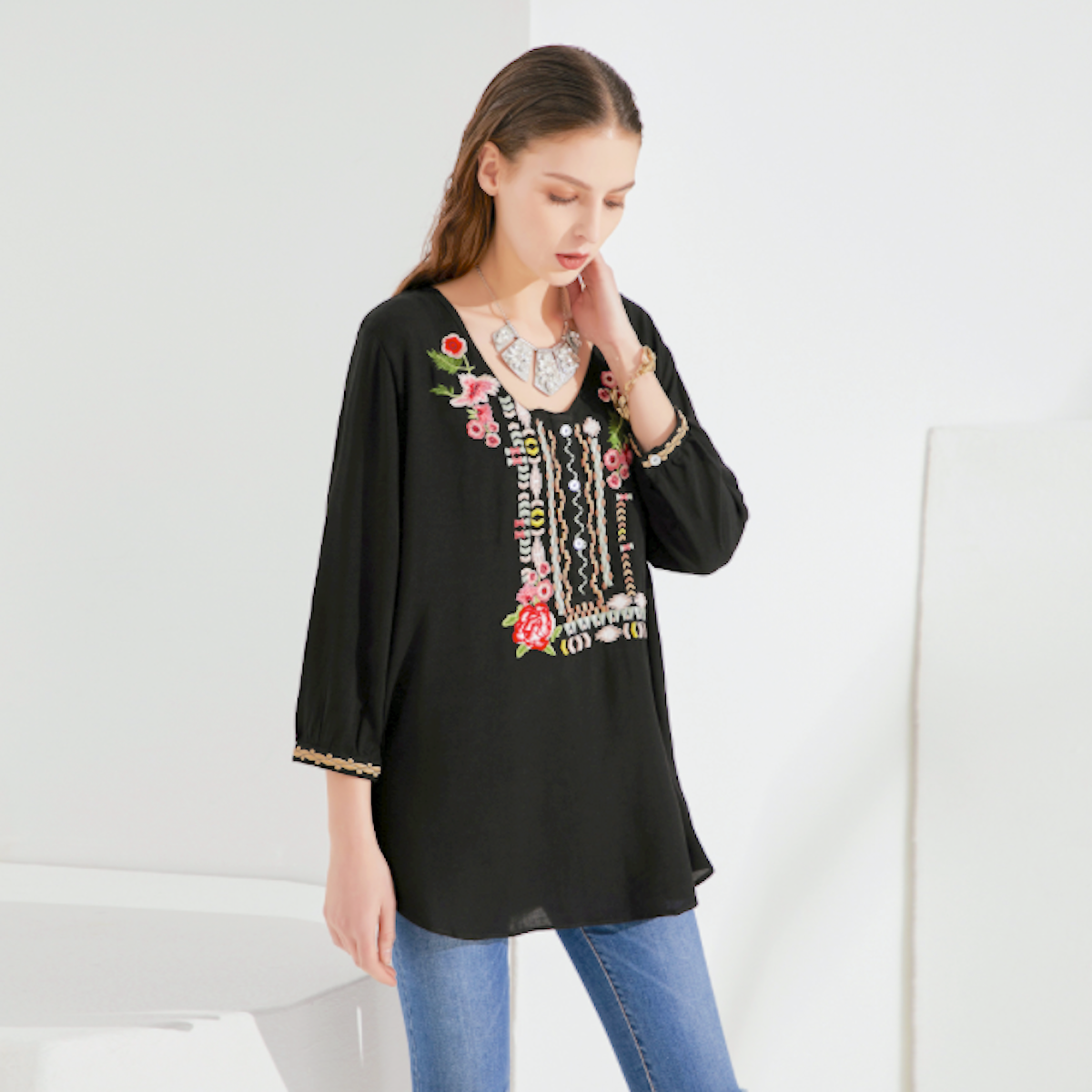 Embroidered Top with Three-Quarter Sleeves for Women