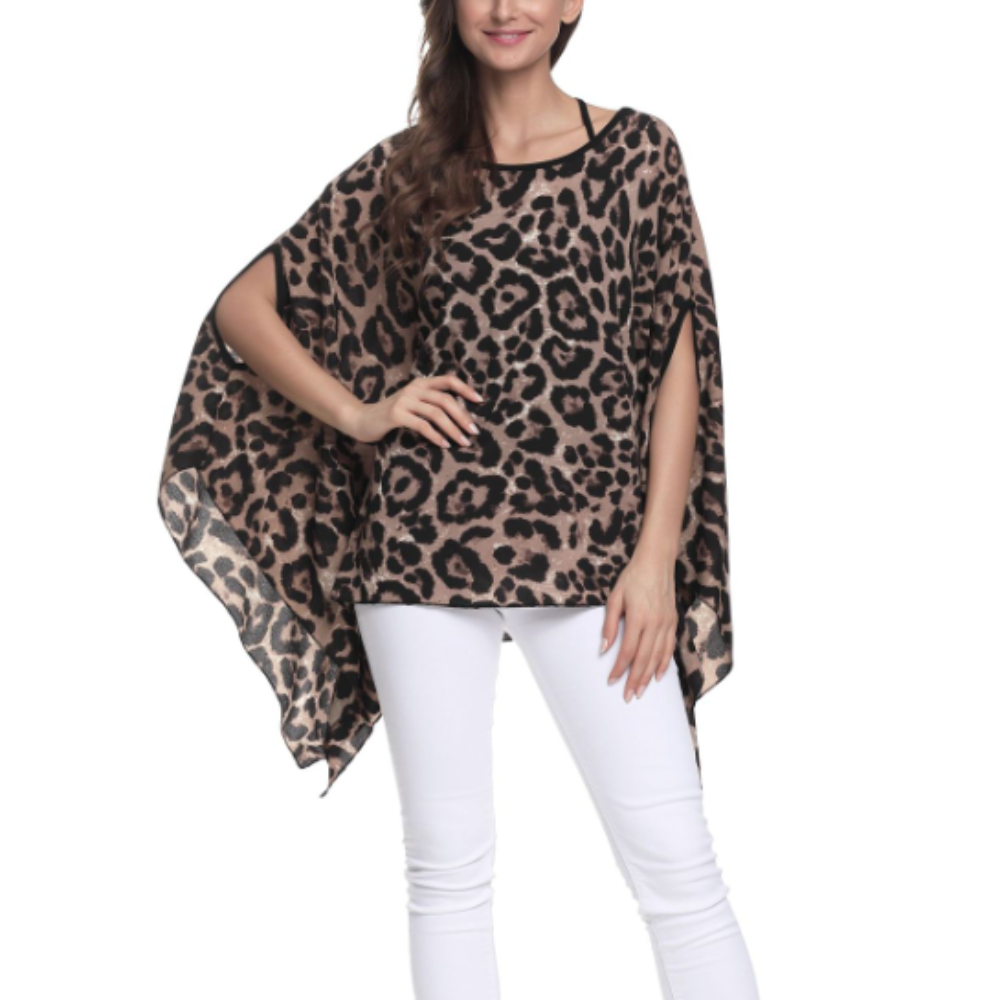 Leopard Print Chiffon Batwing Blouse for Women