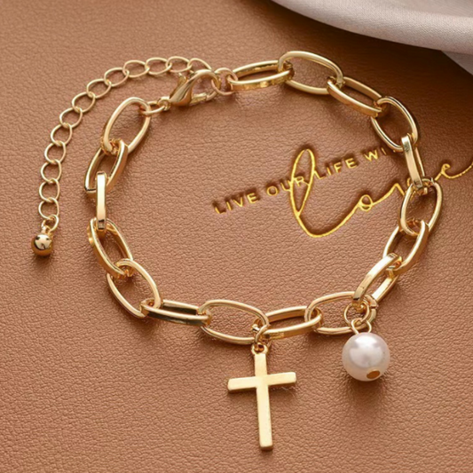 Oval Link Bracelet for Women with Cross Pendant and Imitation Pearl