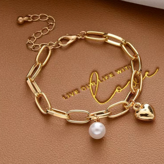 Pearl Heart Charm Oval Link Bracelet for Women