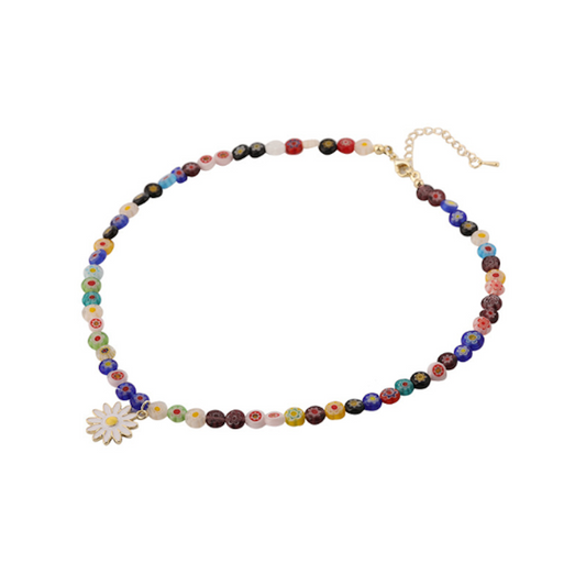 Rainbow Beaded Necklace with Daisy Pendant for Women