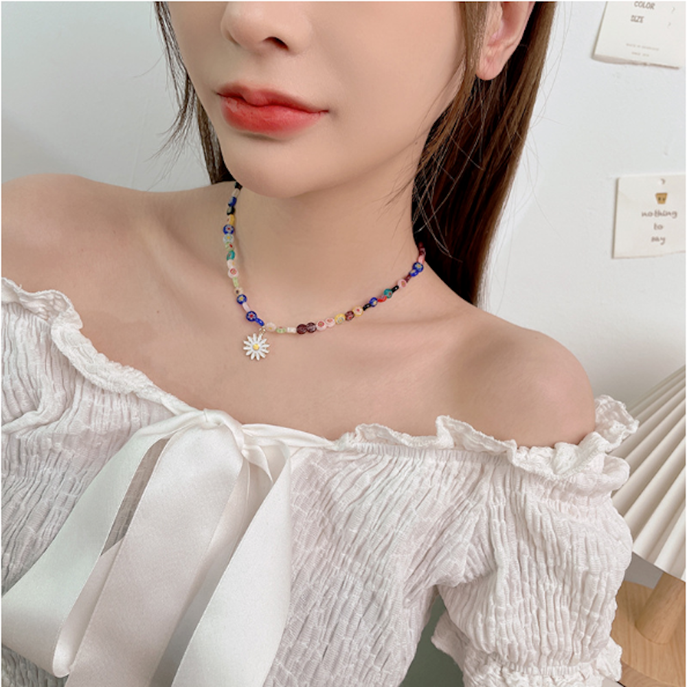 Rainbow Beaded Necklace with Daisy Pendant for Women