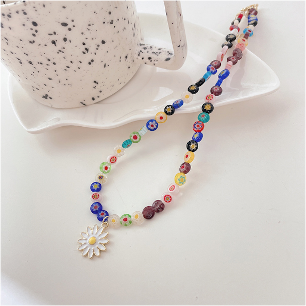 Rainbow Beaded Necklace with Daisy Pendant for Women