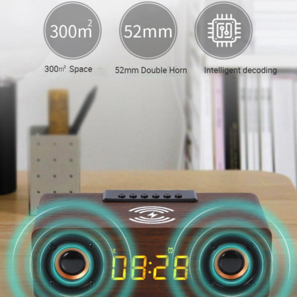 Retro-inspired Wooden Alarm Clock Radio with Wireless Charging and Bluetooth Speaker