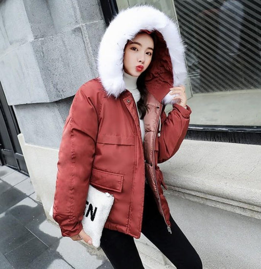 Red Hooded Winter Puffer Jacket for Women