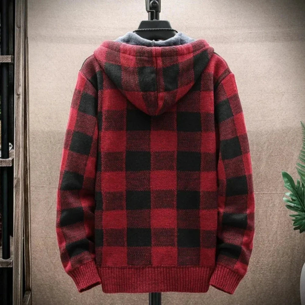 Plaid Zip-Up Jacket for Men with a Hood