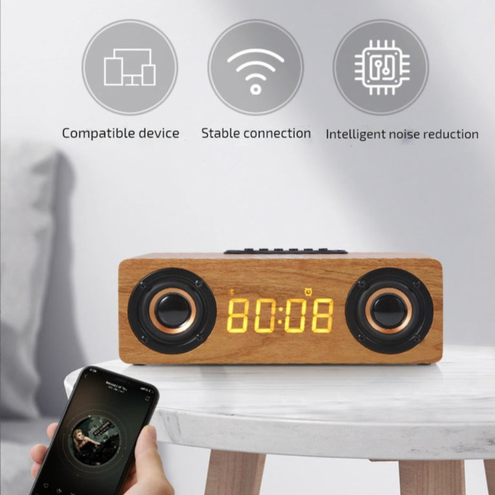 Retro-inspired Wooden Alarm Clock Radio with Wireless Charging and Bluetooth Speaker