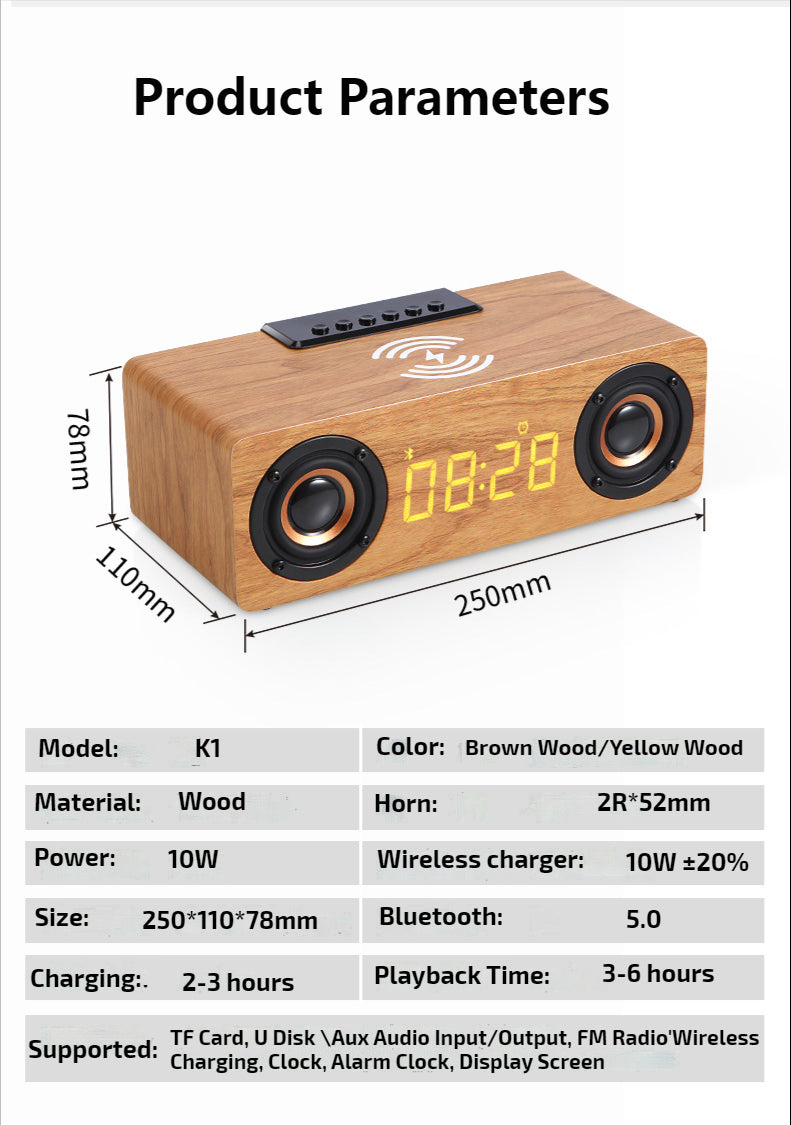 Retro-inspired Wooden Alarm Clock Radio with Wireless Charging and Bluetooth Speaker