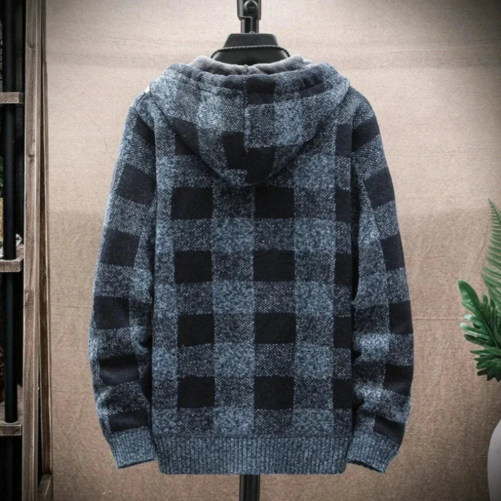 Plaid Zip-Up Jacket for Men with a Hood