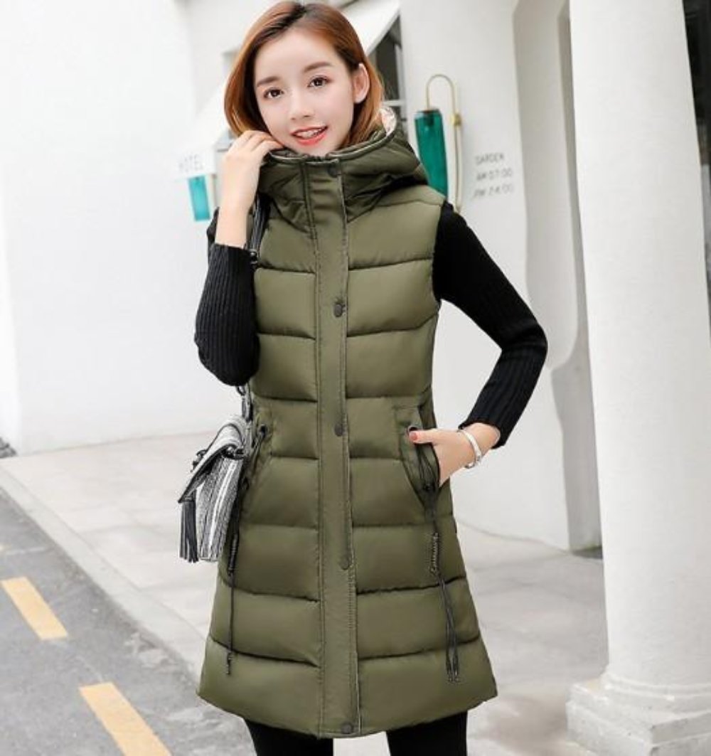 Classic Black High Collar Hooded Puffer Winter Vest for Women