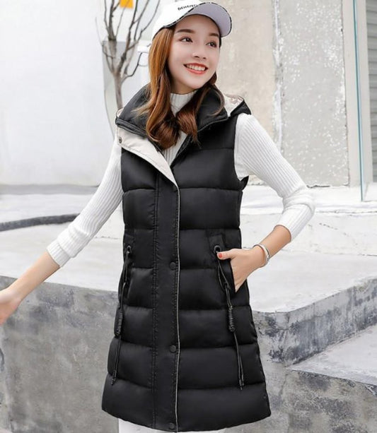 Classic Black High Collar Hooded Puffer Winter Vest for Women