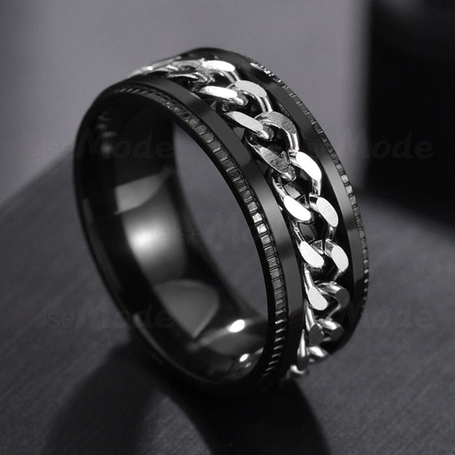 Rotating Black Chain Style Men's Stainless Steel Ring