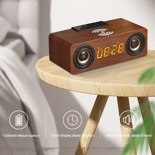 Retro-inspired Wooden Alarm Clock Radio with Wireless Charging and Bluetooth Speaker