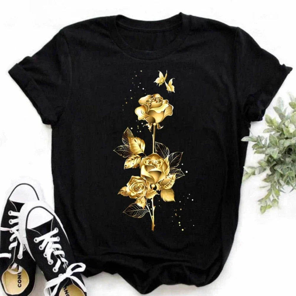 Golden Rose Design Women's Short Sleeve Black Tee for Summer