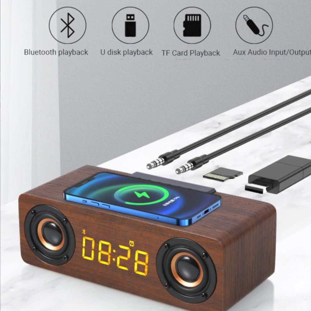Retro-inspired Wooden Alarm Clock Radio with Wireless Charging and Bluetooth Speaker