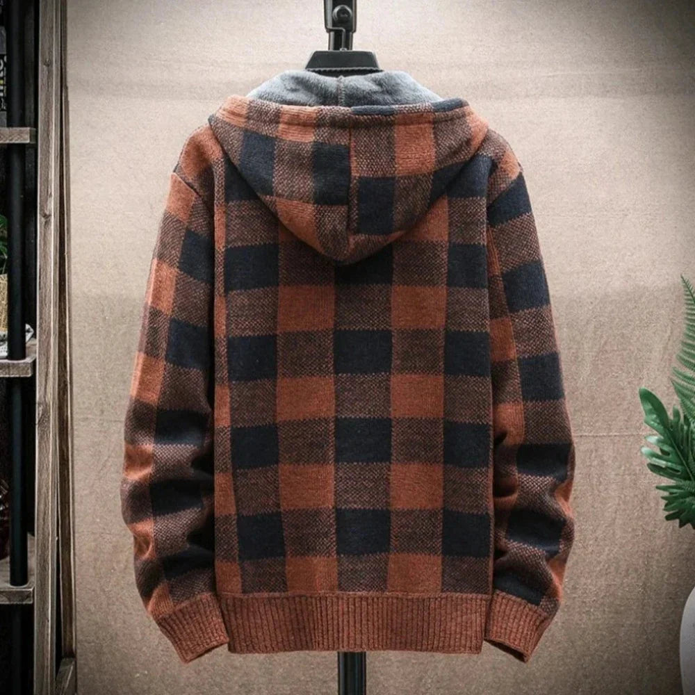 Plaid Zip-Up Jacket for Men with a Hood