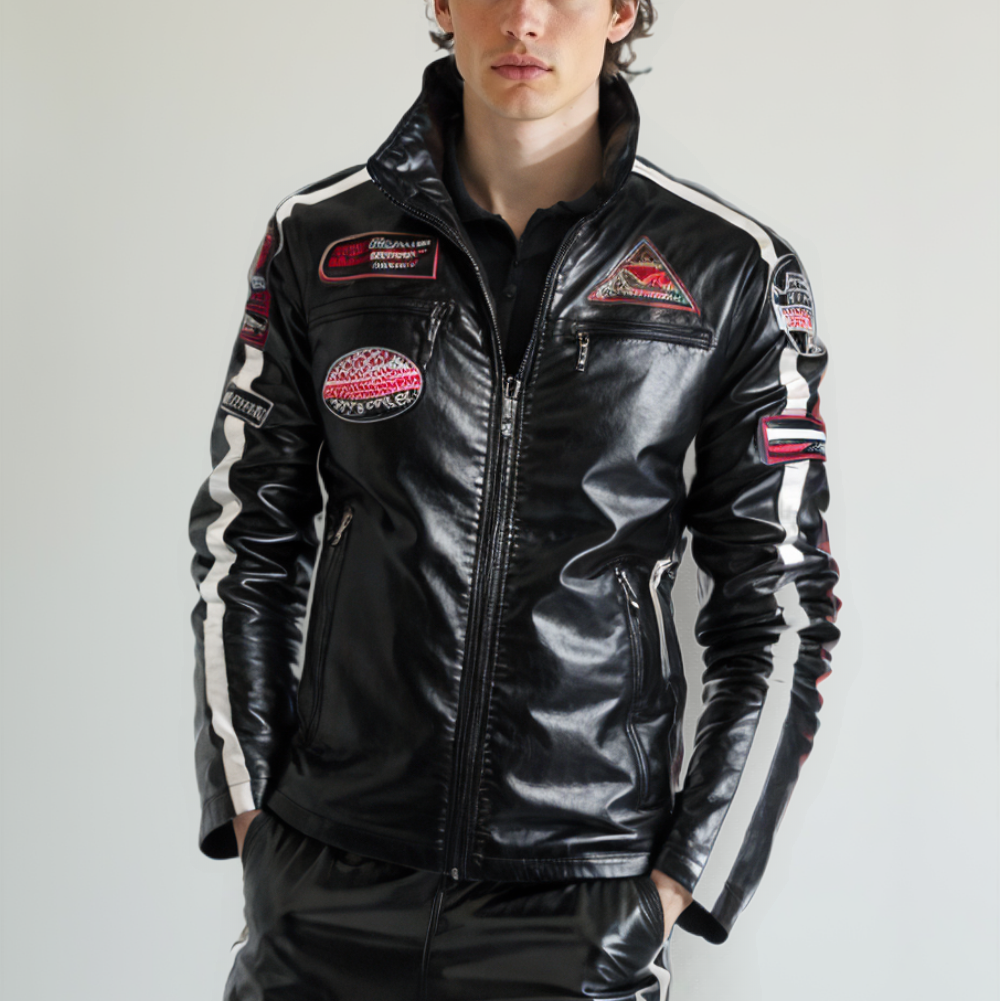 Vegan Leather Motorcycle Jacket with Embellishments for Men