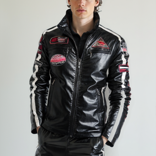 Vegan Leather Motorcycle Jacket with Embellishments for Men