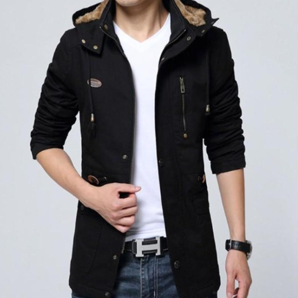 Hooded Trench Coat with Military Style for Men