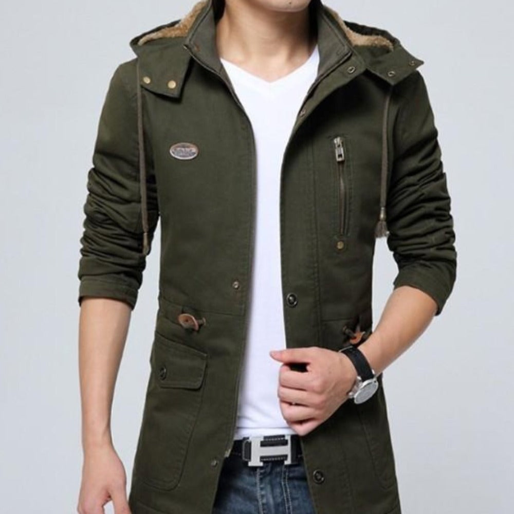 Hooded Trench Coat with Military Style for Men