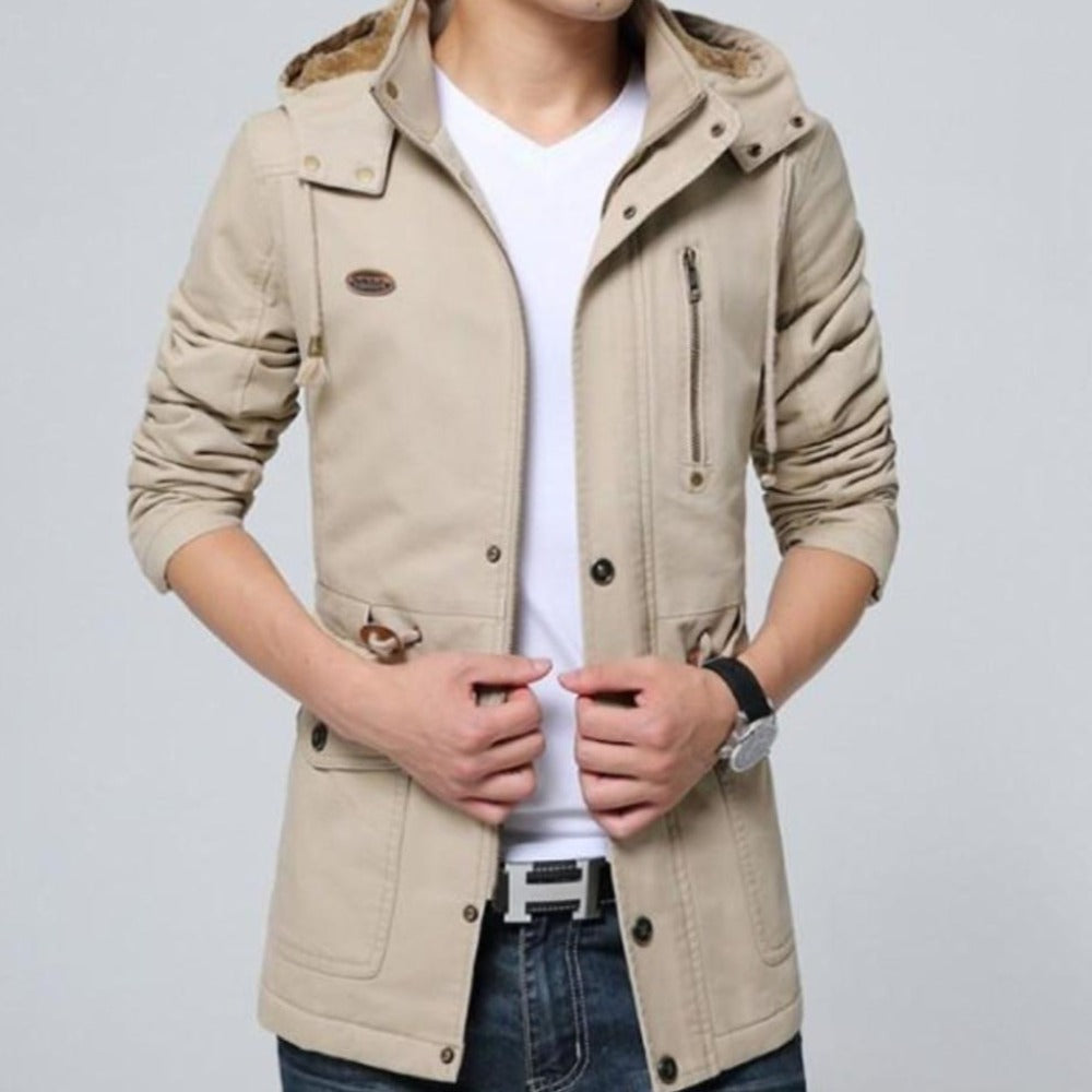 Hooded Trench Coat with Military Style for Men