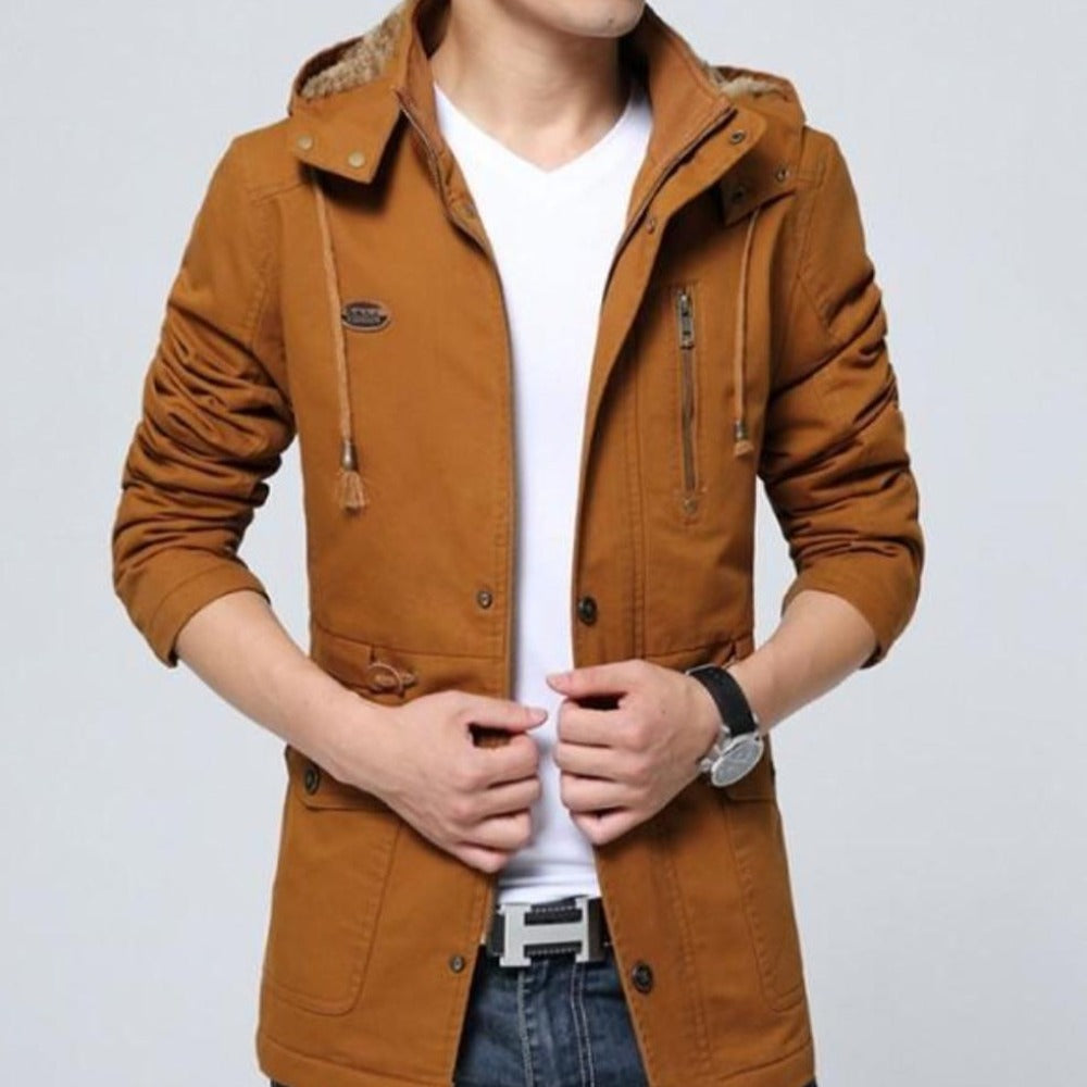 Hooded Trench Coat with Military Style for Men