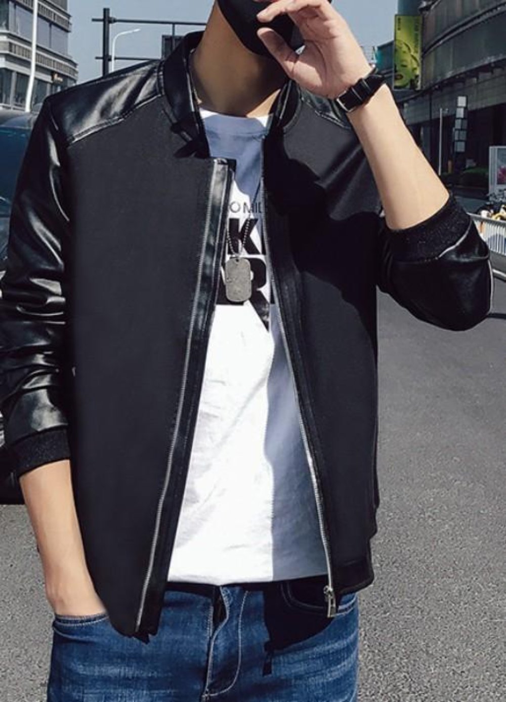 Vegan Leather Sleeves Men's Bomber Jacket