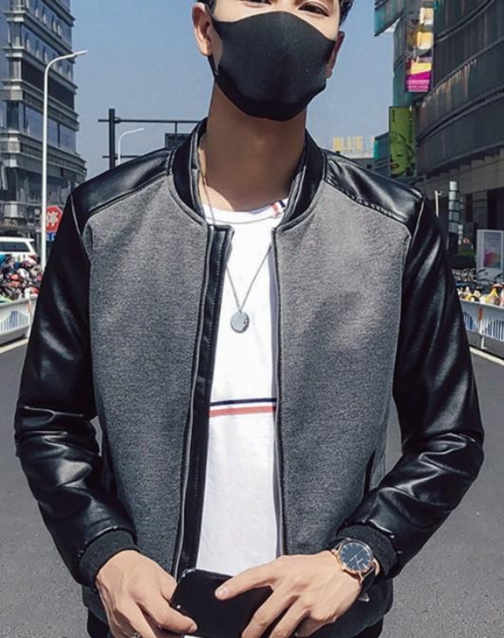 Vegan Leather Sleeves Men's Bomber Jacket