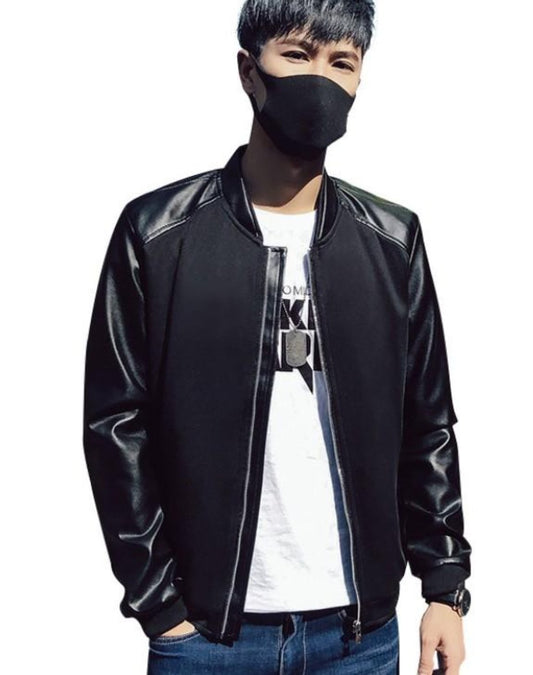 Vegan Leather Sleeves Men's Bomber Jacket