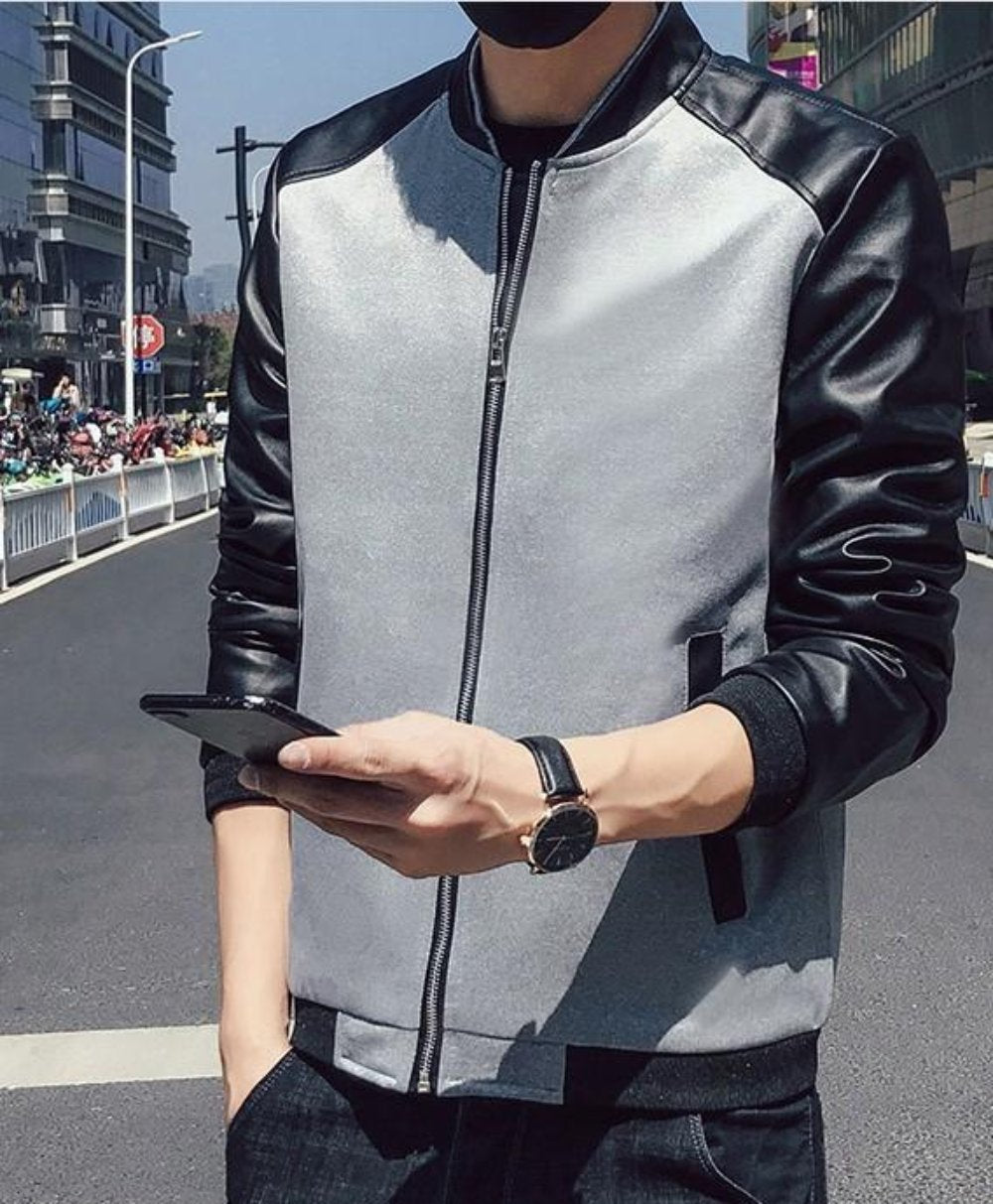 Vegan Leather Sleeves Men's Bomber Jacket