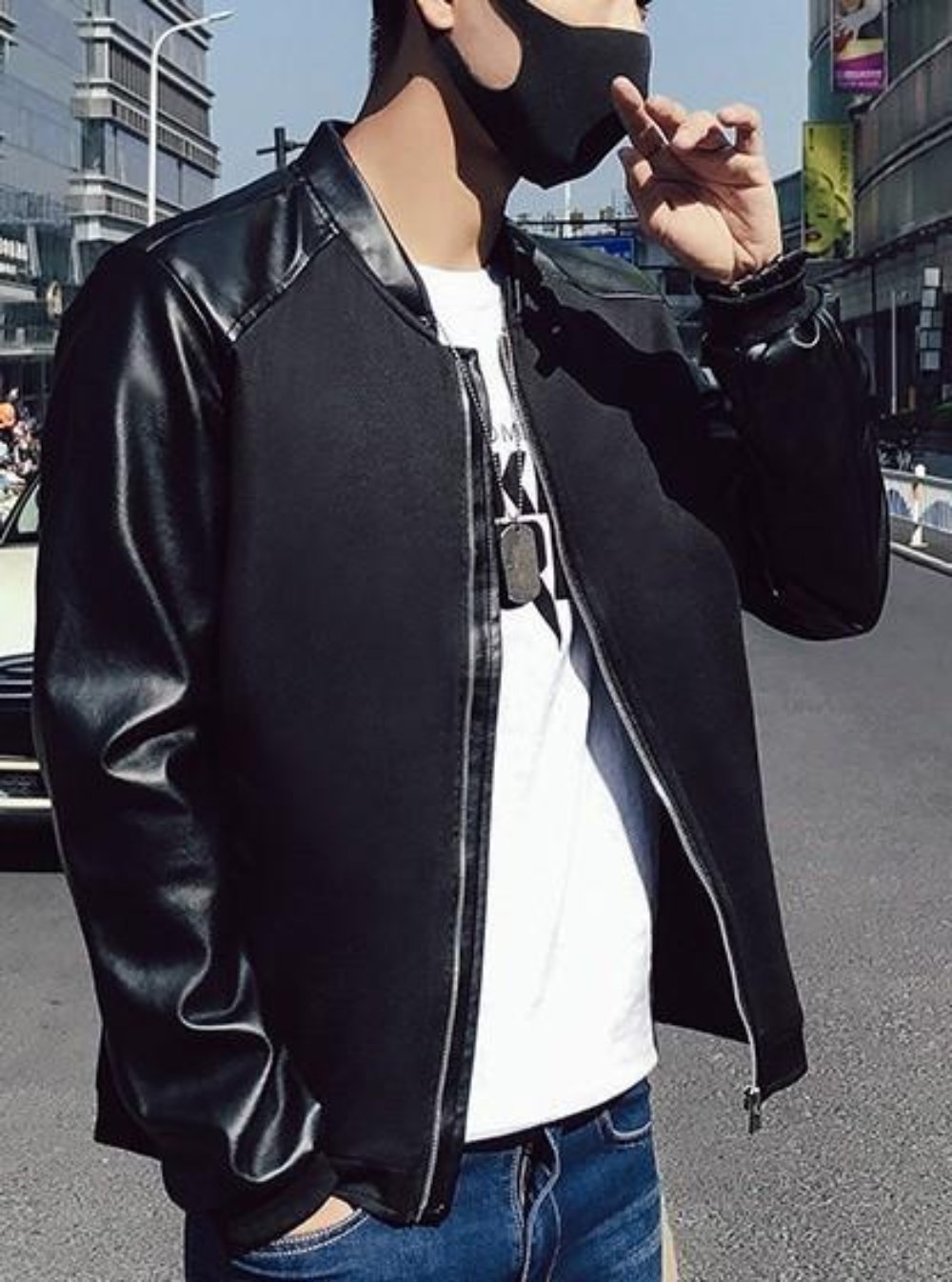 Vegan Leather Sleeves Men's Bomber Jacket