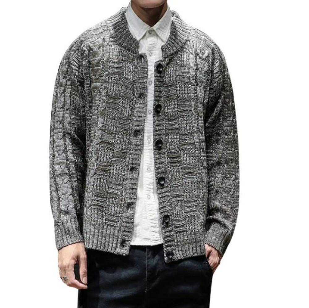 Gray Men's Button-Front Crew Neck Cardigan