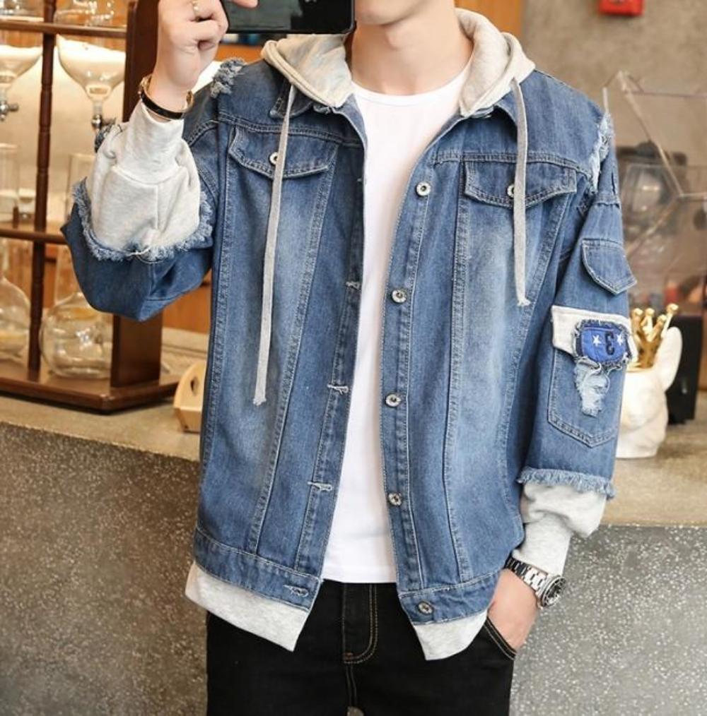 Layered Look Men's Denim Jean Jacket with Hood