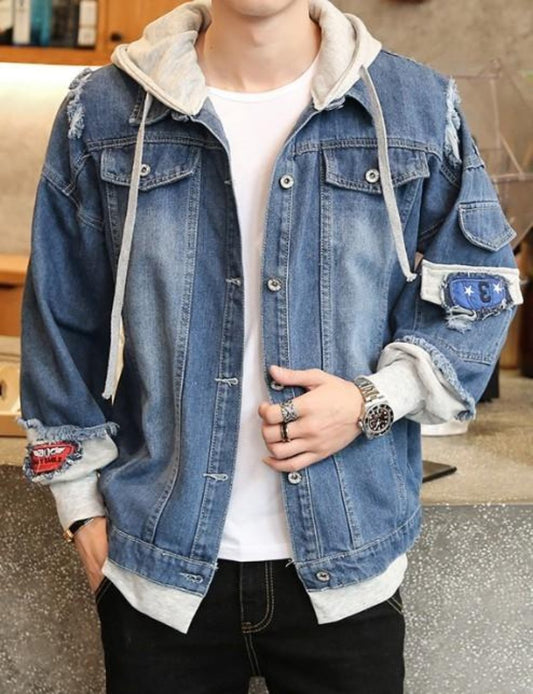 Layered Look Men's Denim Jean Jacket with Hood