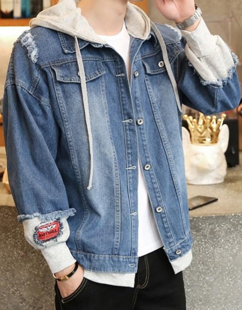 Layered Look Men's Denim Jean Jacket with Hood