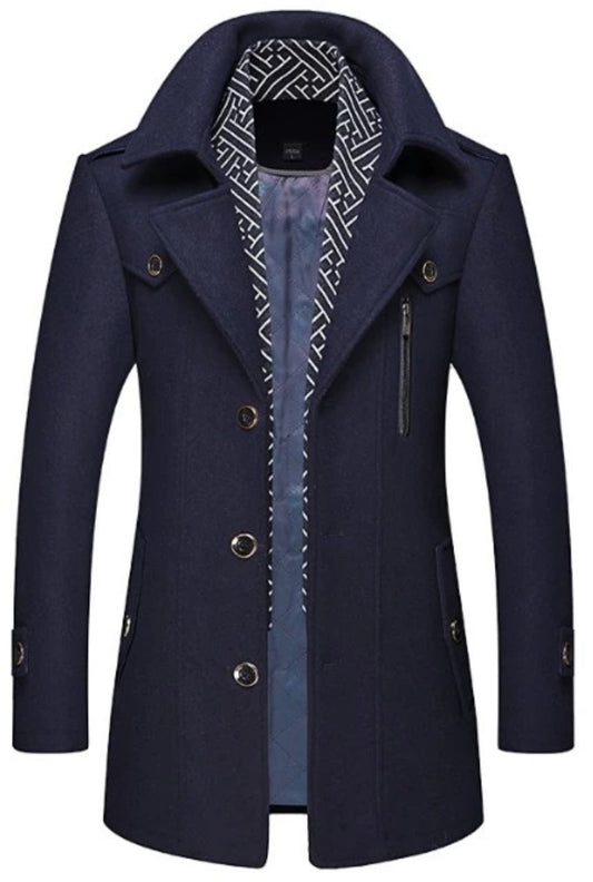 Layered Collar Mid Length Button Front Coat for Men
