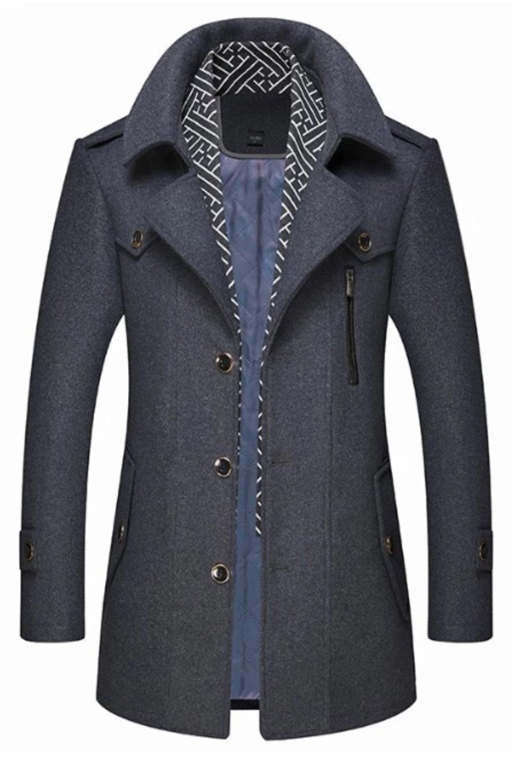 Layered Collar Mid Length Button Front Coat for Men