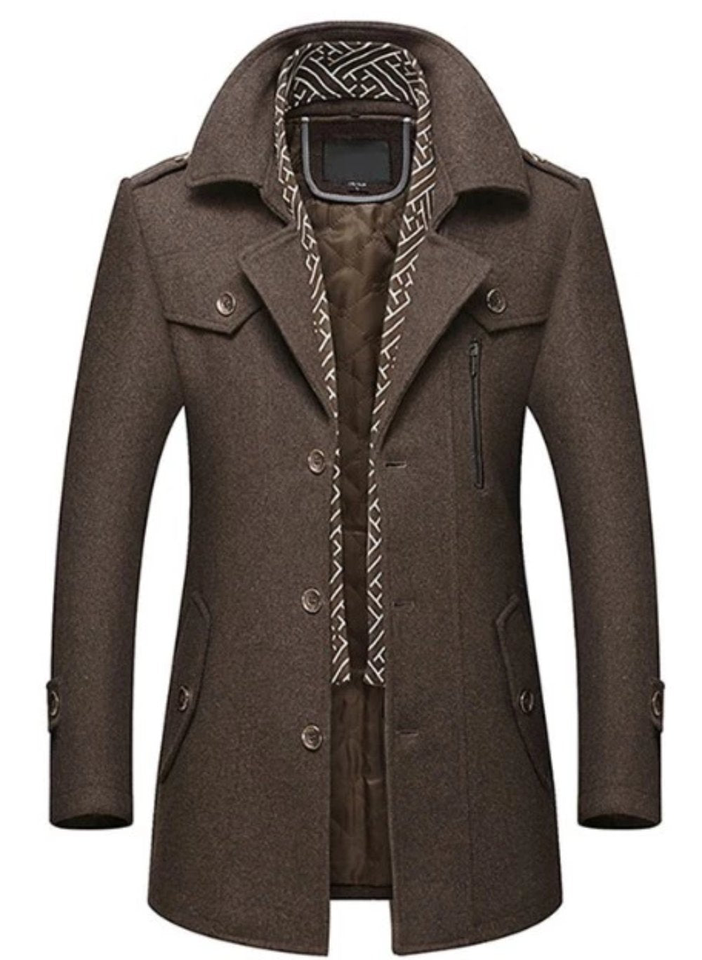 Layered Collar Mid Length Button Front Coat for Men