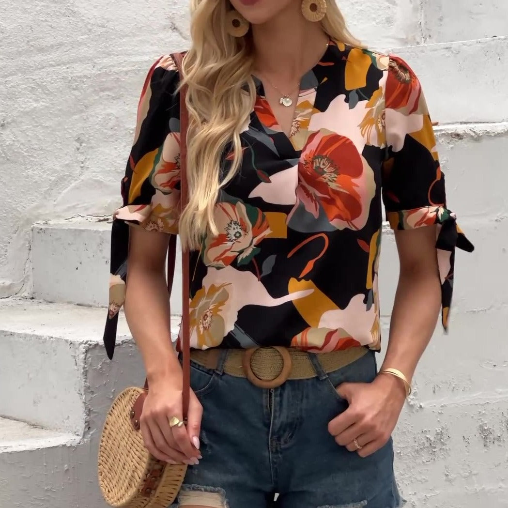 Summer Floral V Neck Top for Women with Vibrant Colors