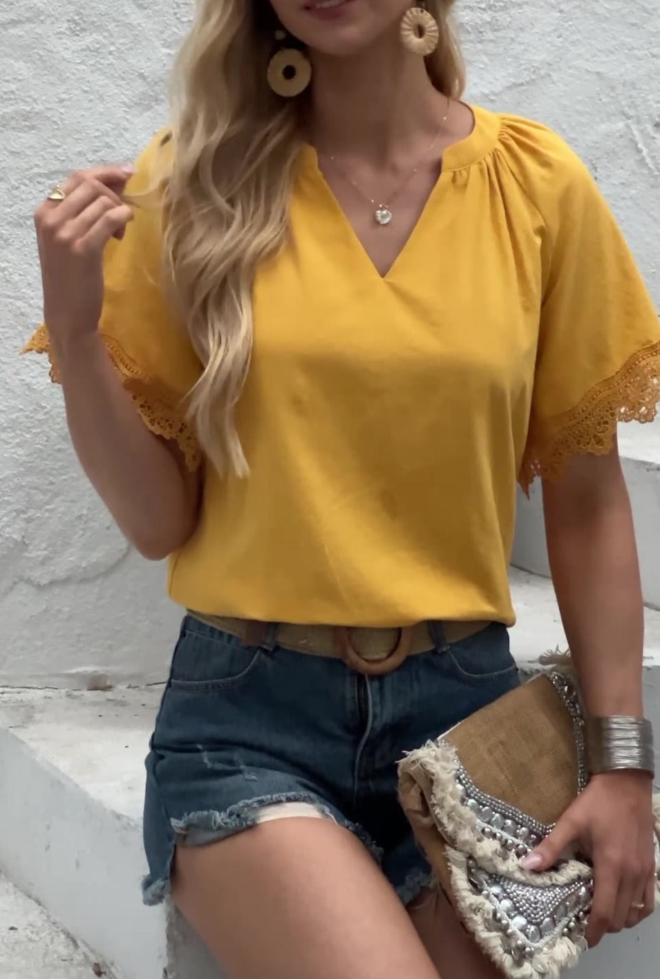 Ladies' V-Neck Tee with Delicate Lace Accents