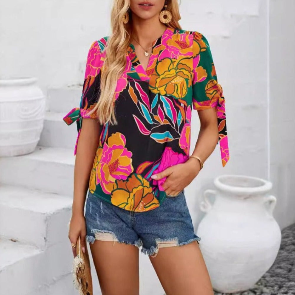 Summer Floral V Neck Top for Women with Vibrant Colors