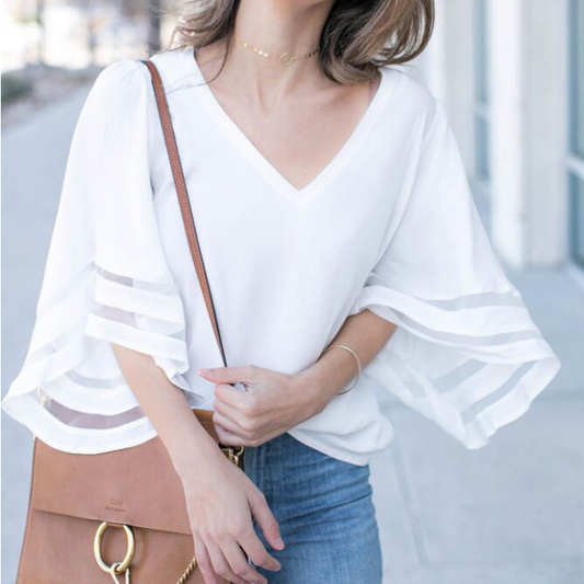 Chiffon Top with Batwing Sleeves and V-Neck for Women