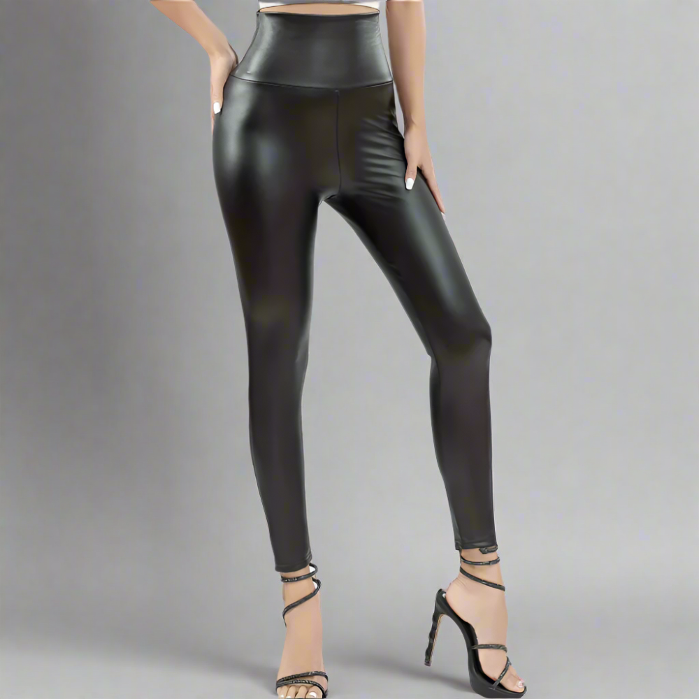 Fleece Lined Vegan Leather Yoga Leggings with High Waist for Winter