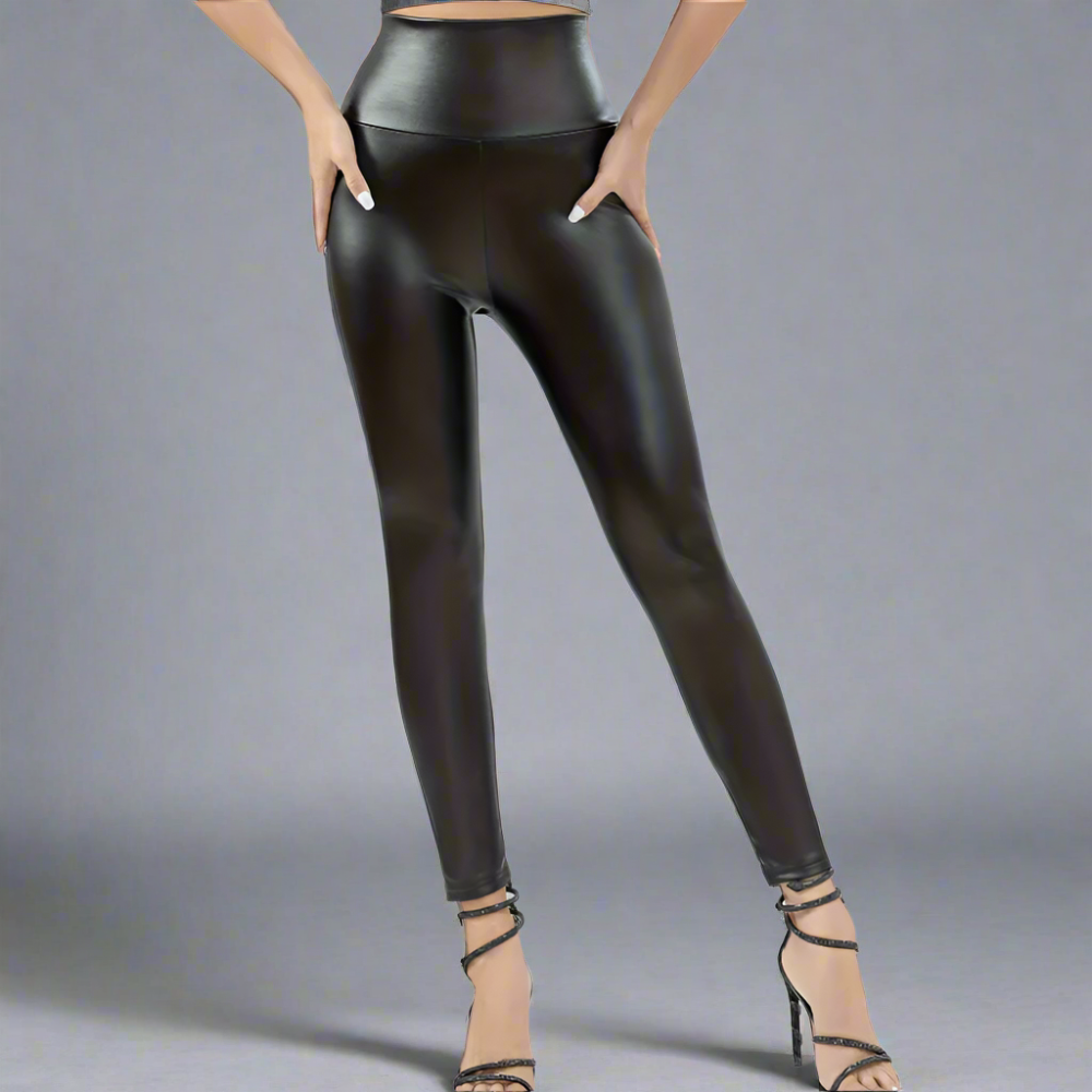 Fleece Lined Vegan Leather Yoga Leggings with High Waist for Winter