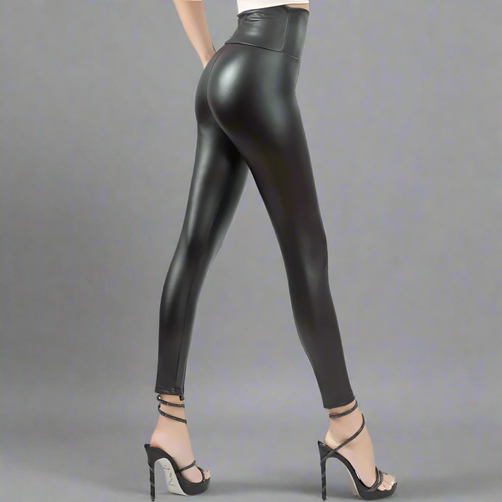 Fleece Lined Vegan Leather Yoga Leggings with High Waist for Winter